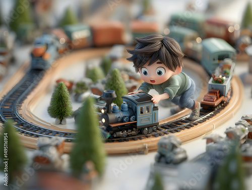 Child plays with miniature train set in a colorful landscape filled with small trees and cars
