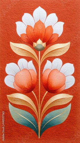 Decorative floral design featu orange, white, gold, and green petals on a textured red background image.