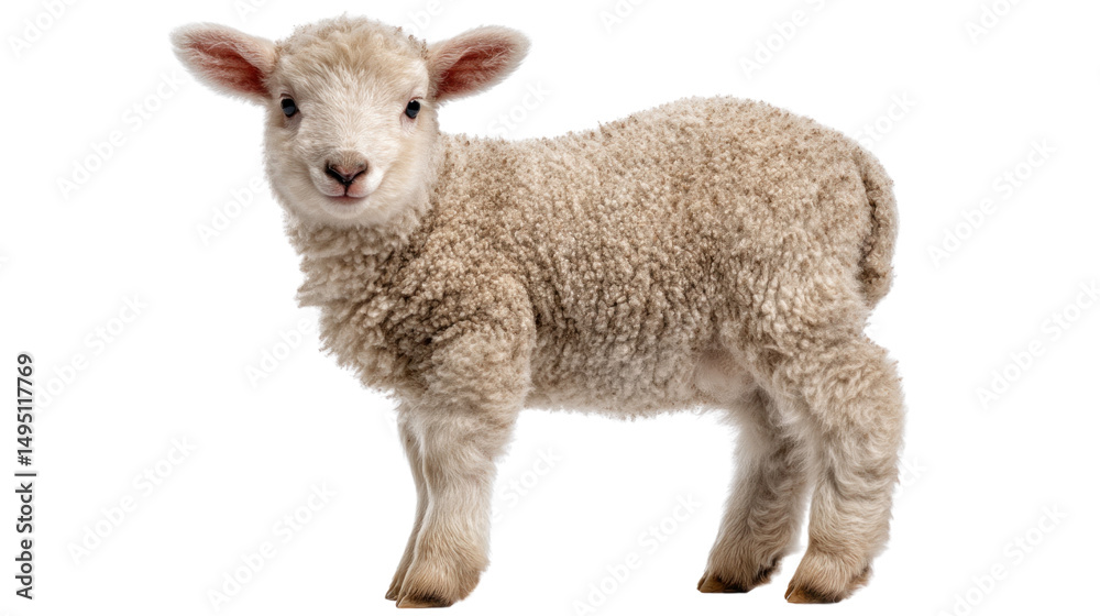 Fototapeta premium Adorable Lamb Portrait: A close-up portrait of a fluffy, innocent lamb standing and looking forward, evoking feelings of peace and gentleness, perfect for representing purity and serenity.