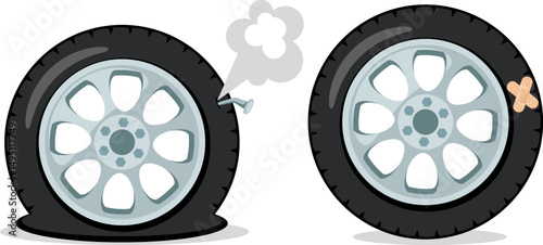 Car tire flat with nail and repaired with patch on a white background. Isolated