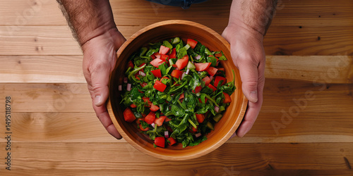 Freshly prepared salad bowl held by hands offering healthy eating option from above angle