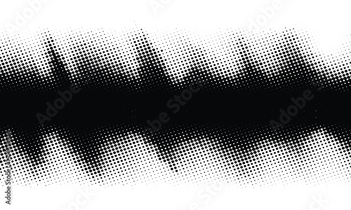 Abstract halftone soundwave pattern in black and white with retro comic dot texture. Ideal for music themes, visual effects, graphic design, and artistic projects.