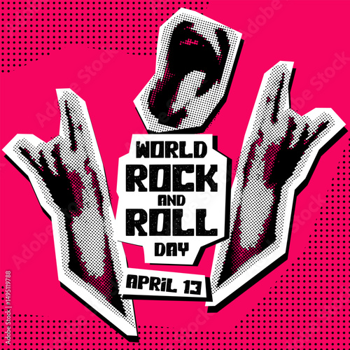 World Rock and Roll Day. Rocker collage grunge halftone style. holiday is on April 13th. An open mouth with hands rock in the style of pop art to the point. banner for holiday is pink, black, white
