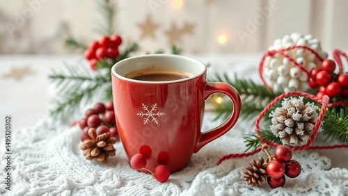 Gemütliches Weihnachtsstillleben mit einer Tasse Kaffee, Tannenzweigen, Lichtern, Kugeln und Zimt auf Holz – perfekt für festliche Stimmung.