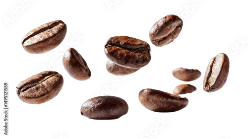 Floating Coffee Beans: A collection of roasted coffee beans floats delicately, capturing the aroma and essence of freshly brewed beverage, with light and shadow creating a visual symphony.