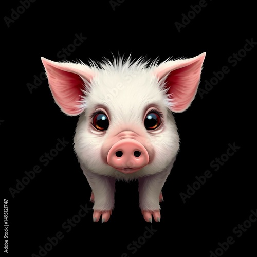 Niedliches Babyferkel mit großen Kulleraugen und flauschigem Fell auf schwarzem Hintergrund – perfekt für Kinder- oder Tierdesigns.