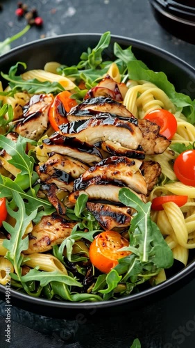 Healthy pasta salad with grilled chicken, cherry tomatoes, fresh arugula, and balsamic glaze served in a black bowl on dark background.