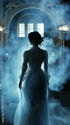 Ghostly woman in vintage dress in haunted mansion