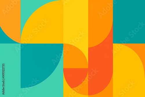 A display of abstract geometric color blocks with a color-spliced background wallpaper on the exhibition board.