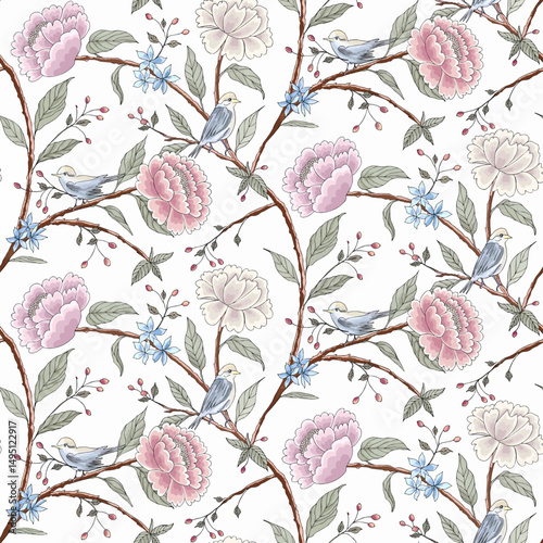 seamless pattern with pink flowers and birds The Chinoiserie style