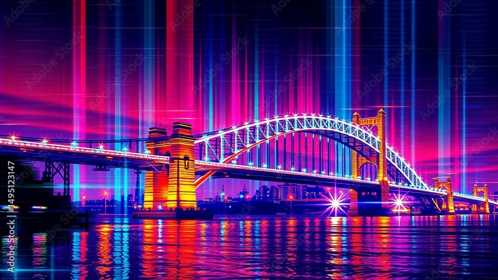 Obraz premium Digitale Illustration einer beleuchteten Brücke bei Nacht mit vertikalem Glitch-Effekt in Pink und Blau – futuristische Stadtästhetik.