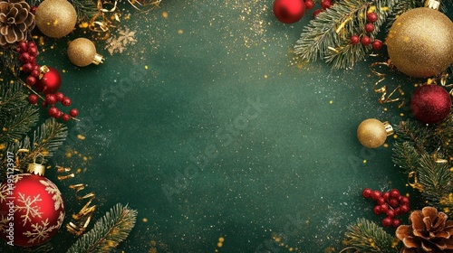 Merry Christmas Festive Background: Green, Red, and Gold Ornaments