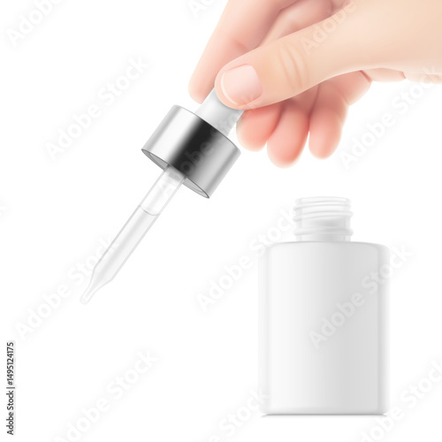 Realistic female hand holding dropper pipette, dropper bottle mockup. Vector illustration isolated on white background. Perfect for promote your product. EPS10.