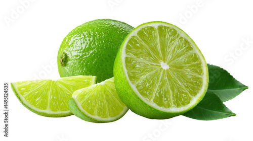 Limes with Leaves: Juicy limes, one whole and one halved,  nestled beside lime wedges and vibrant green leaves, ready to add a zesty twist to your culinary creations.