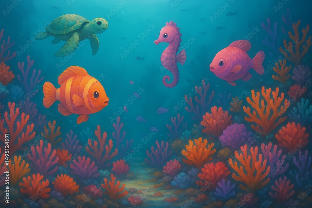 Fototapeta premium Abstract Dreamy Fish, Turtle, and Seahorse Children's Playground Display Board Background Wallpaper