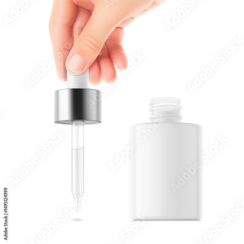 Realistic female hand holding dropper pipette, dropper bottle mockup. Vector illustration isolated on white background. Perfect for promote your product. EPS10.