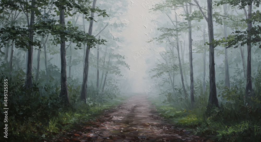Fototapeta premium Misty Trail Through the Woods: A serene pathway cuts through a tranquil, misty forest, inviting exploration and contemplation amidst nature's beauty.