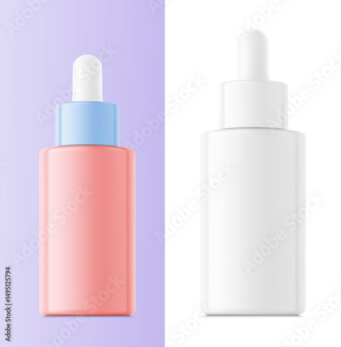 Closed dropper bottle mockup. Vector illustration isolated on white background. Front view. Сan be used for cosmetic, medical and other needs. EPS10.