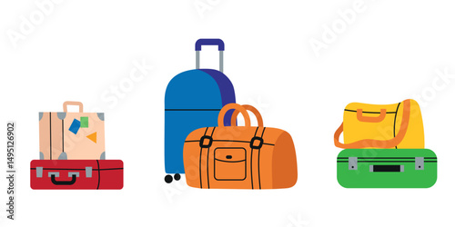 Set collection of travel luggage, cases, backpacks and bags. Travel suitcase for trip, journey, vacation, tourism