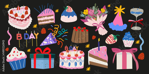 Big set of Happy Birthday elements in doodle retro style. Cartoon birthday stickers for greeting cards, postcards, poster, print, invitation, event. Cakes, gifts, flowers, candles, confetti