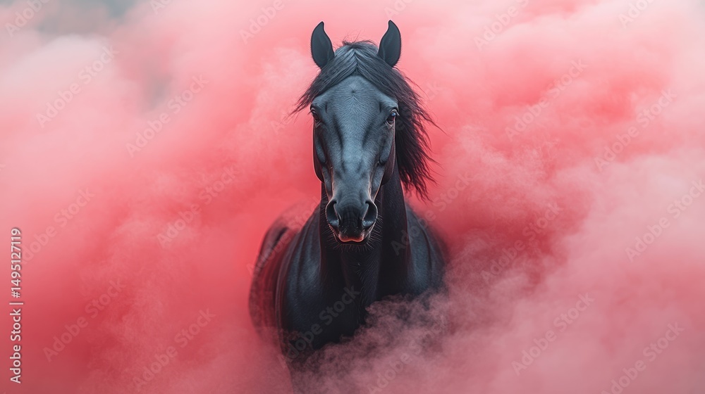 Obraz premium Black horse in pink smoke (1)