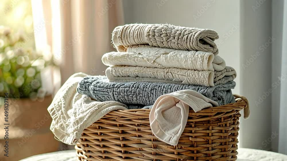 A cozy arrangement of neatly folded towels in a wicker basket, illuminated by soft sunlight