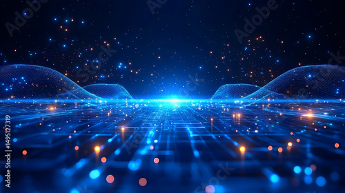 Abstract digital landscape with blue wireframes, glowing points, and orange particles floating above a grid