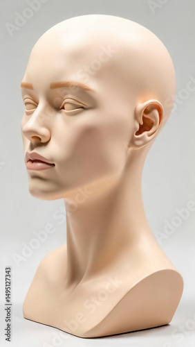 The head of a hairless mannequin with a delicate, smooth skin tone