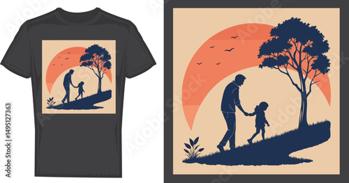 Father-Child T-shirt design: A poignant father-child silhouette, ascending a gentle slope towards a vibrant sunset, embodies paternal love and guidance in a serene design.