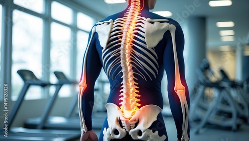 A Digital Visualization of the Human Skeleton Overlaid on a Person’s Silhouette, with Highlighted Spine and Joint Areas