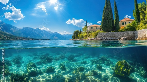 Mediterranean Coastal Paradise: Stunning Split-Level View of House, Crystal Clear Water, and Majestic Mountains