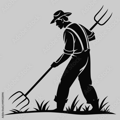 a farmer with pitchfork silhouette vector design art and illustration