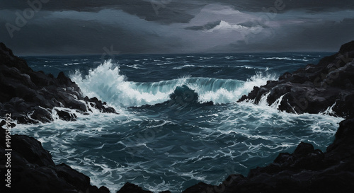 Tempestuous Tide's Embrace: A powerful vista unfolds as waves crash and surge against dark rock formations beneath a brooding, cloud-laden sky, capturing the raw beauty of nature's force.