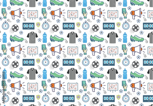 American Football seamless vector pattern. Sports equipment background. Football helmet, foam finger, trophy, whistle. Use for fabric, wallpaper, surface pattern design, sports wear
