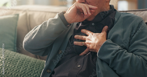 Tableau sur toile Home, hands and old man with chest pain, cough and cardiac symptoms in lounge
