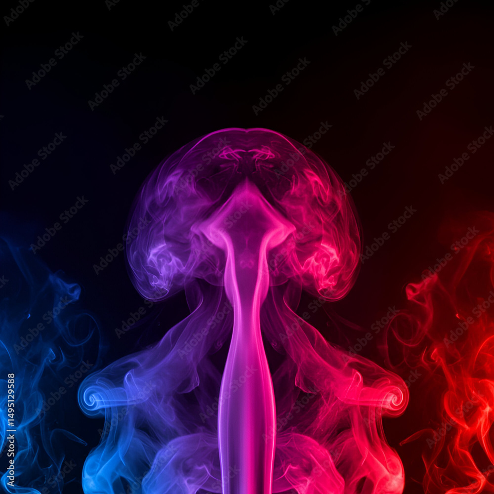Obraz premium Abstract vibrant smoke patterns in shades of pink, blue, and red against a black background. Intricate swirls and shapes, defying gravity.