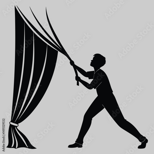 a person pulling open a curtain silhouette vector design art and illustration