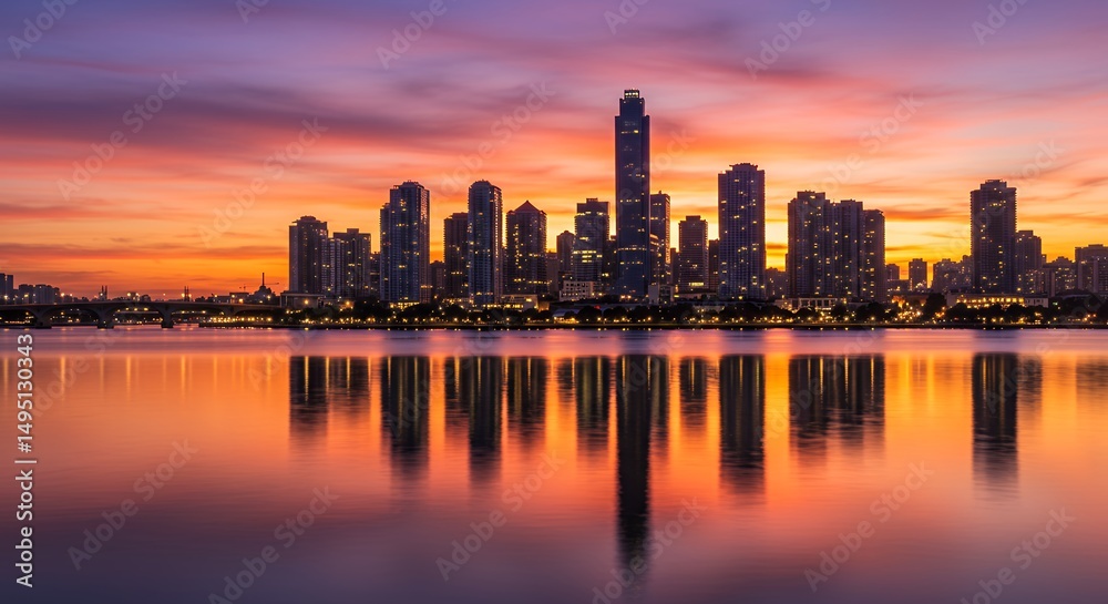 Fototapeta premium Breathtaking sunset casts vibrant colors over city skyline reflected in calm waters