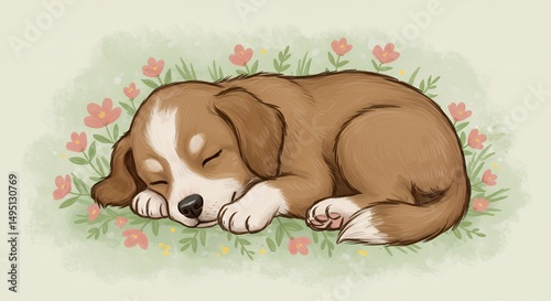 Delightful puppy slumbering gracefully amongst a bed of blossoming wildflowers