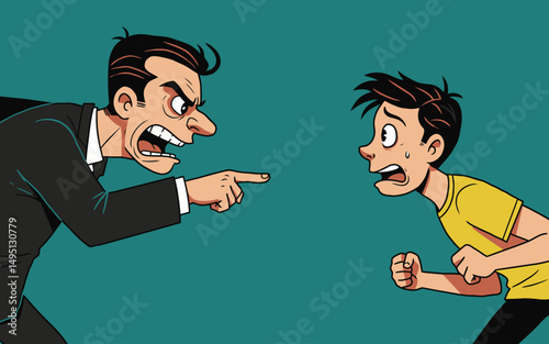Angry Father Scolds Scared Son Illustration of Parental Conflict and Adolescent Anxiety