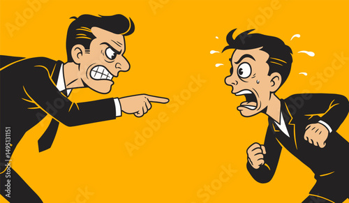 Angry Boss Yelling at Scared Employee Workplace Conflict Cartoon Illustration