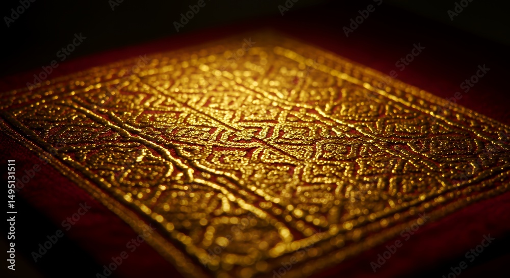 Fototapeta premium Gold Embroidered Textile on Red Fabric