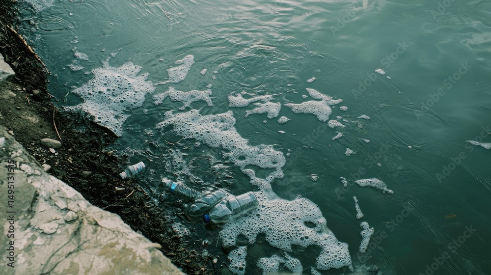 Fototapeta premium Contaminated lake water flowing into a river, carrying plastic bottles and industrial pollutants