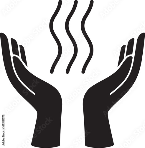 Silhouette of Reiki hands with energy waves, symbolizing healing power, spiritual energy, balance, chakra flow, and inner peace.