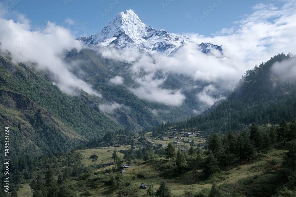 Fototapeta premium Majestic snow-capped mountain piercing the sky, surrounded by lush forests and nestled in a serene valley with a remote village.