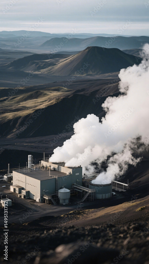 Fototapeta premium Steam billows from a geothermal plant surrounded by lava fields in Iceland, captured in ultra-realistic detail and premium quality