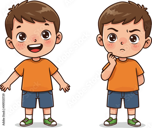 Cartoon Boy Expressing Happy and Thoughtful Emotions Illustrations of Child's Feelings