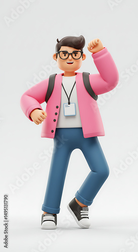Animated chap joyfully frolics donning badge