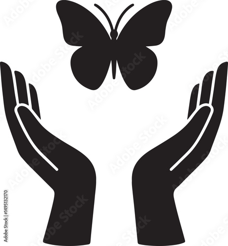 Silhouette of two hands releasing a butterfly, symbolizing freedom, transformation, peace, hope, and letting go with grace.