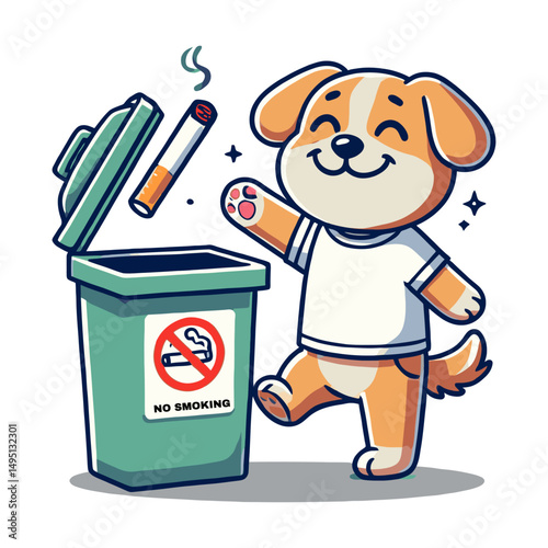 Cartoon of a Dog Throwing a Cigarette in the Trash in a White Background